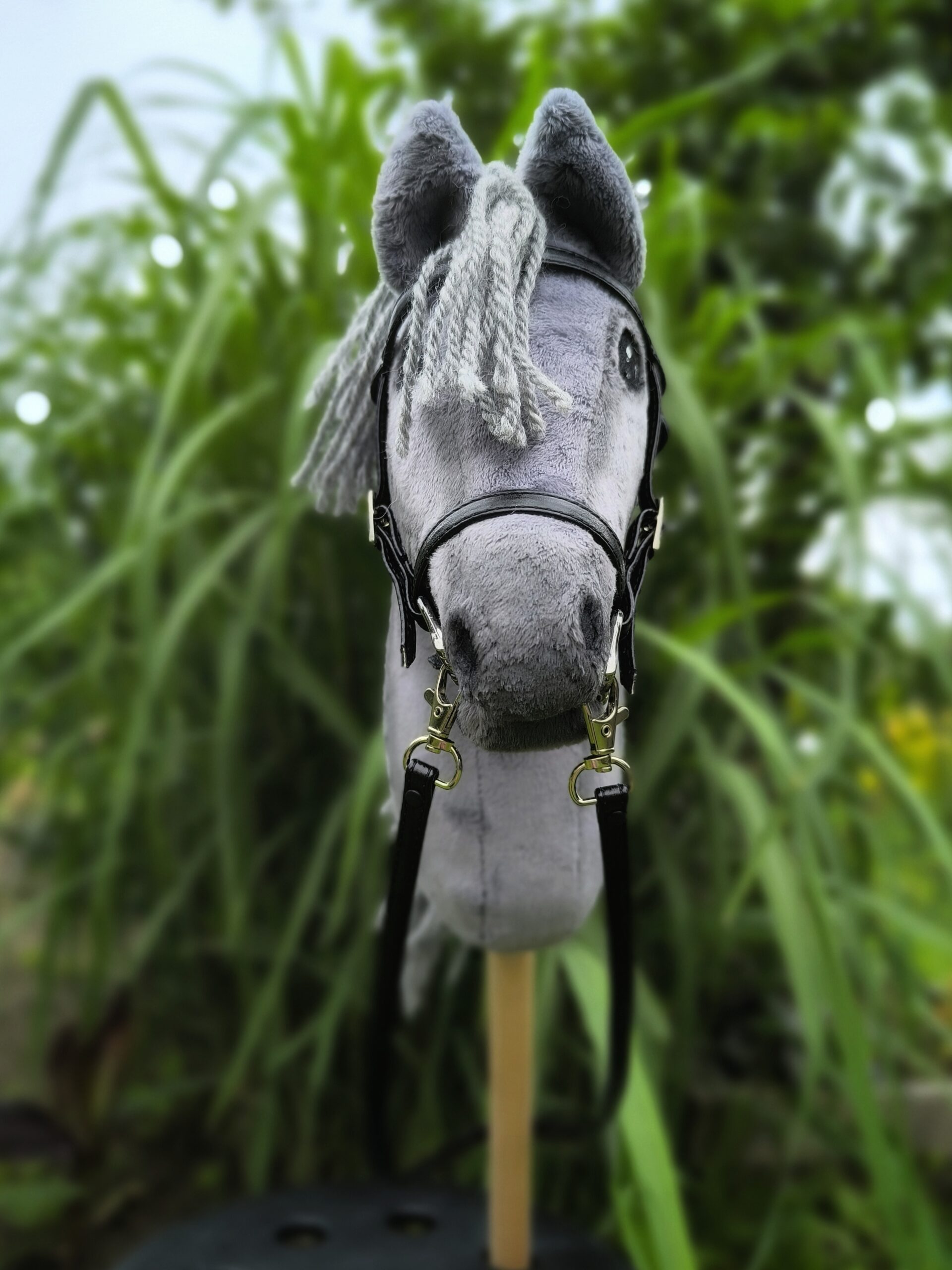 Hobby horse jabłkowity, szary, myszaty, realistyczny, A4, różowy kantarek