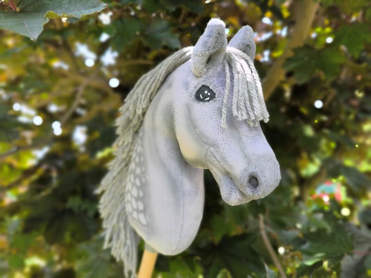 Hobby horse jabłkowity, szary, myszaty, realistyczny, A4, różowy kantarek